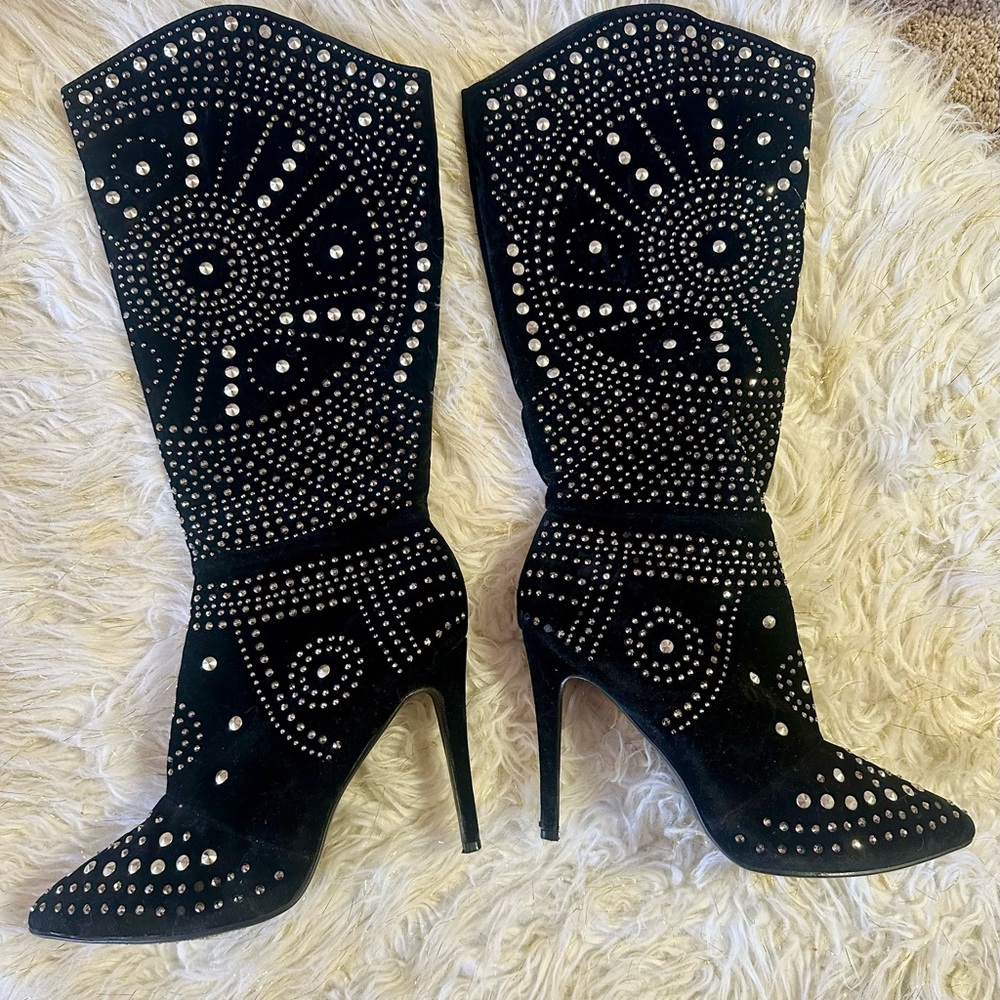Olivia Miller Black Suede Studded Embellished Knee High Boots Women’s Size 11